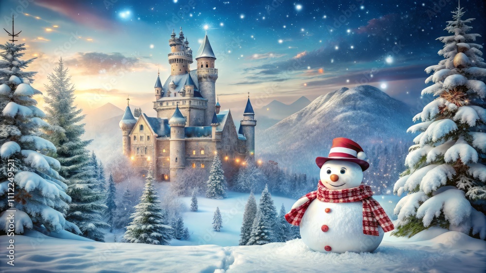 Obraz premium Enchanting Winter Scene: A Snowman Standing Proudly in Front of a Majestic Castle Surrounded by a Serene Winter Forest, Capturing the Spirit of a Fairy Tale Adventure