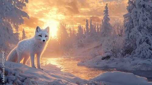 Arctic Fox at Sunset in a Snowy Winter Landscape