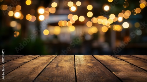 image of wooden table in front of abstract blurred background of resturant lights