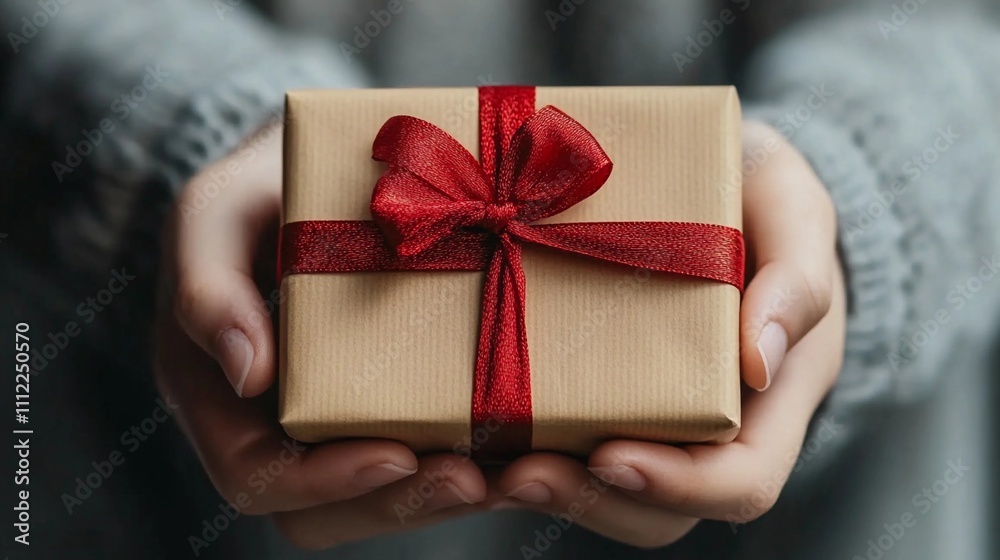 Gift wrapped in brown paper and red ribbon held by hands in cozy indoor setting Gift wrapped in brown paper and red ribbon held by hands in cozy indoor setting