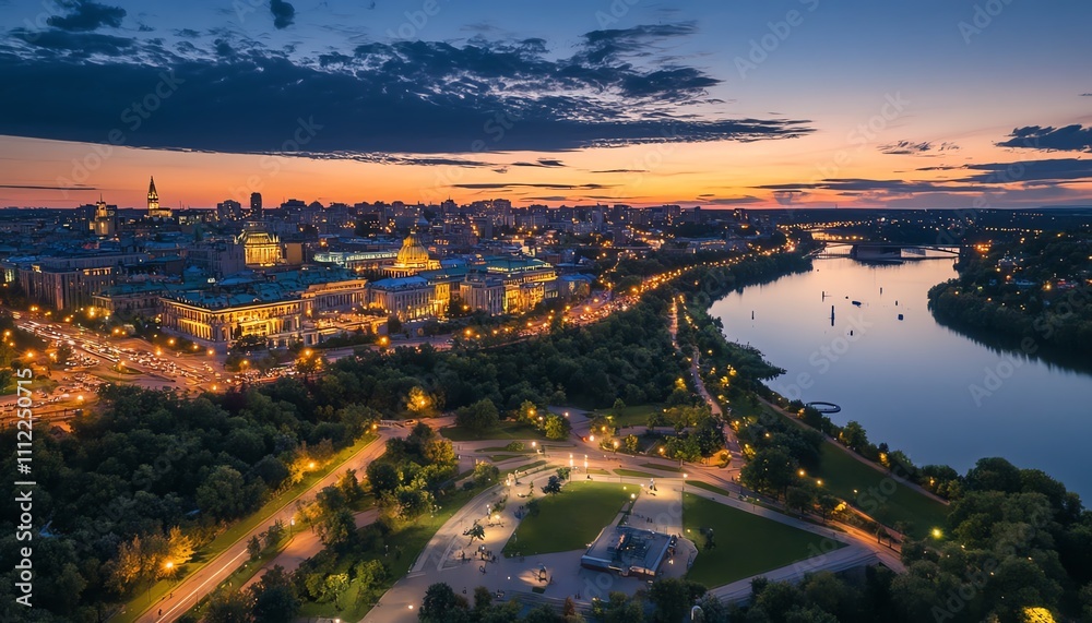Stunning aerial view of a city at sunset, showcasing a cityscape illuminated at night with a river flowing through it. Beautiful twilight sky and city lights. Stunning aerial view of a city at sunset, showcasing a cityscape illuminated at night with a river flowing through it. Beautiful twilight sky and city lights.