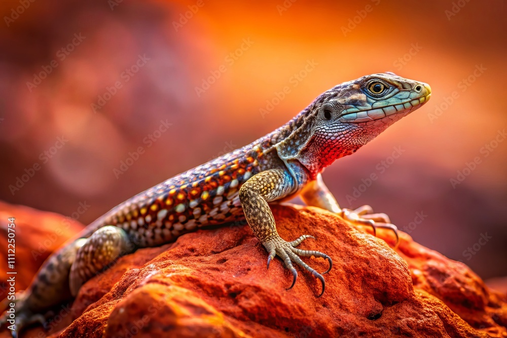 Fototapeta premium Stunning Low Light Photography of a Small Scaly Lizard Perched on a Bright Red Rock, Showcasing its Agile Form and Natural Habitat in a Vibrant Contrast of Colors
