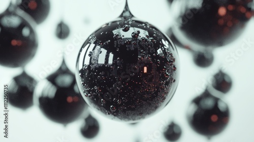 Abstract 3D visualization of black inkblot spheres resembling Rorschach tests, suspended mid-air and encased in reflective glass globes against a white minimalist background. photo