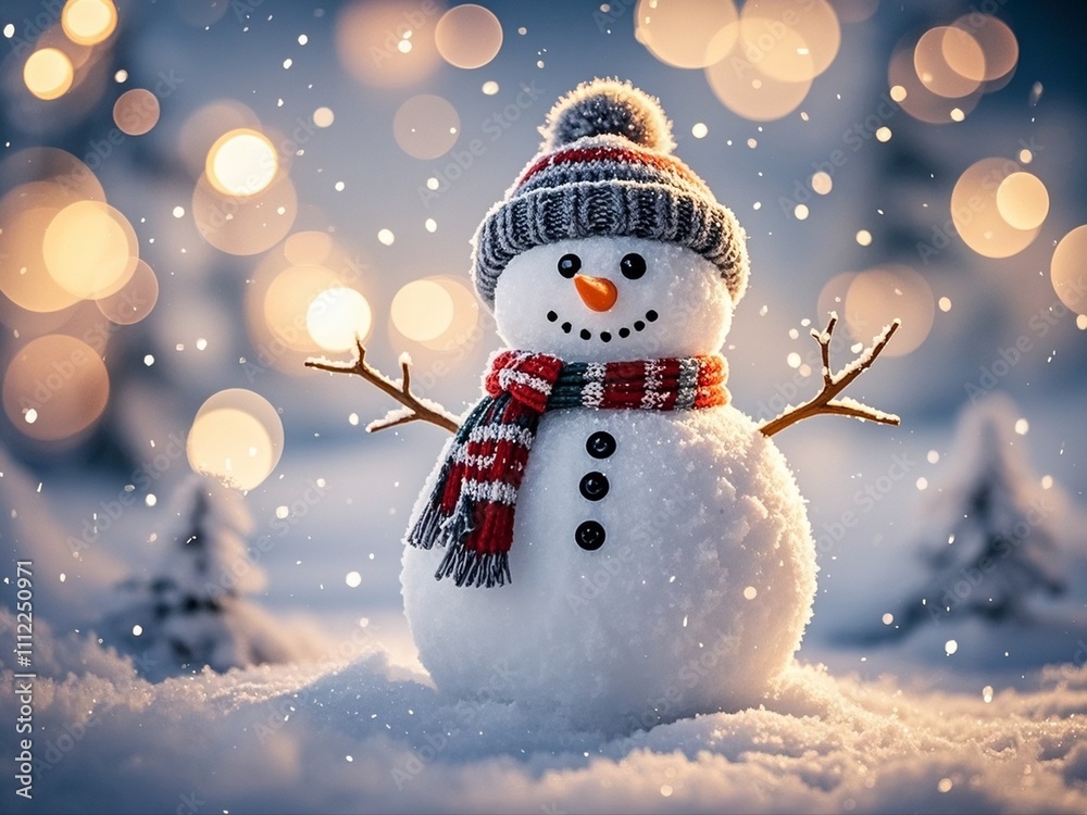 Snowman on the snowy ground wearing a hat and a knitted scarf with a gorgeous and classy bokeh background.