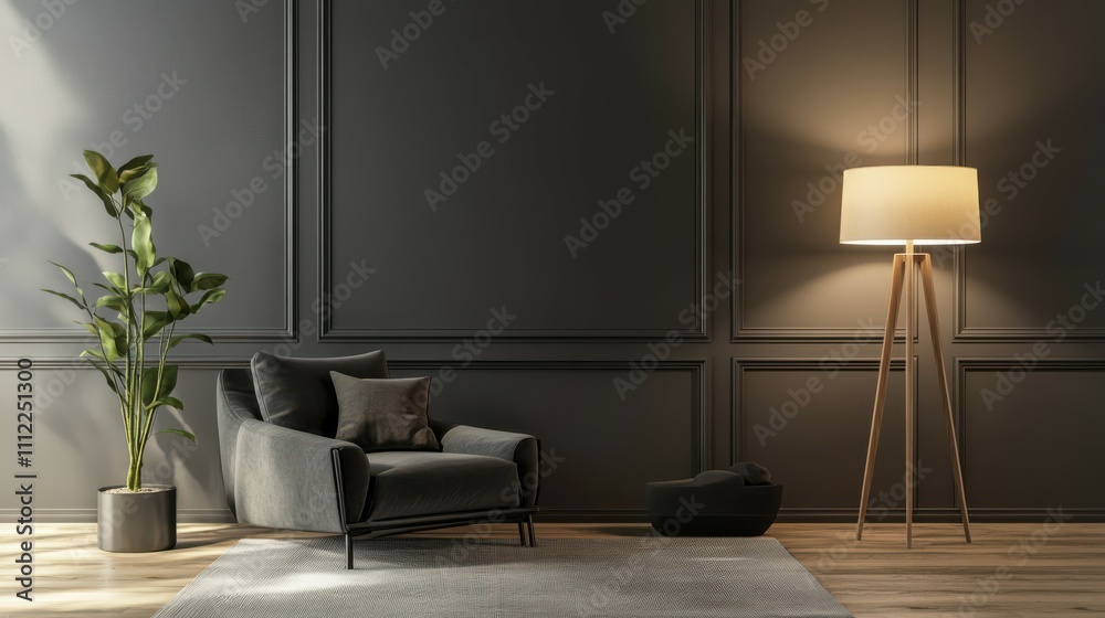 Fototapeta premium Modern blank canvas mockup with spotlighted lamps in an elegant room.