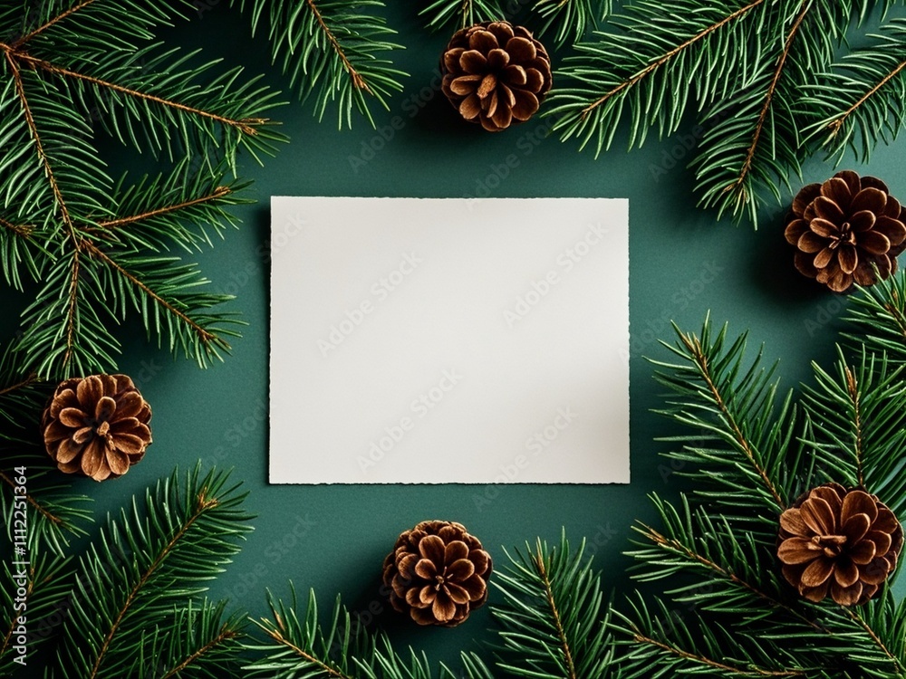 Creative layout made of Christmas tree branches with paper card note. Flat lay. Nature New Year concept.