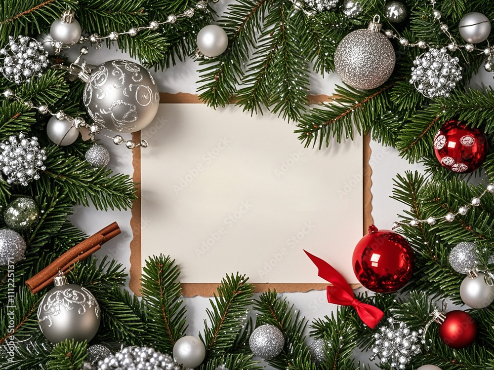 Creative layout made of Christmas tree branches with paper card note. Flat lay. Nature New Year concept.