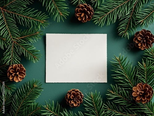 Obraz na płótnie Creative layout made of Christmas tree branches with paper card note. Flat lay. Nature New Year concept. w salonie