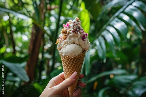 A person enjoying vegan ice cream cone in lush tropical garden nature's refreshing treat vibrant green environment close-up perspective delight and sustainability