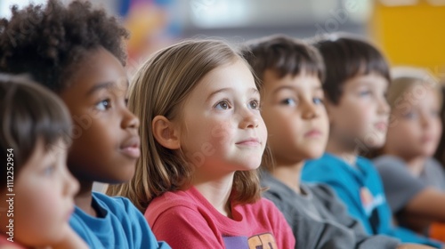 A group of young children engaged in an educational activity, showcasing diverse expressions of curiosity and attention in a classroom setting with colorful surroundings.