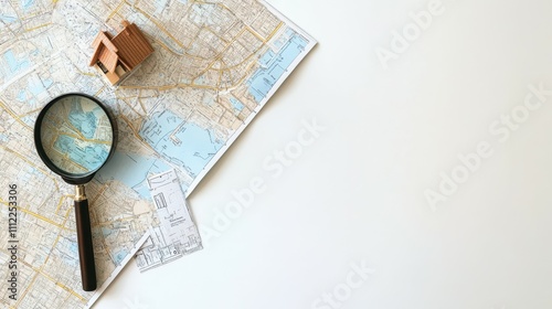 House hunting. Maps, magnifying glass and house figures on white table, flat lay. Space for text