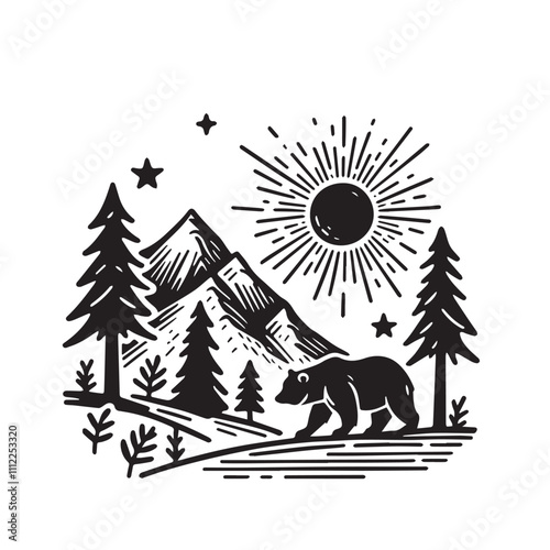 Bear with hill and tree vector illustration. Lanscape design black and white.