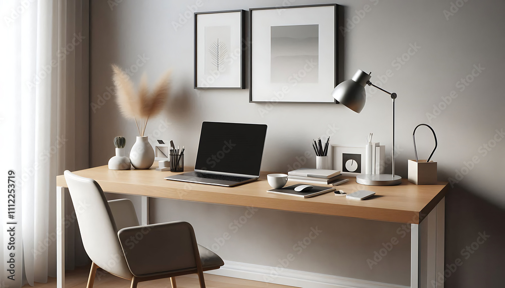 Modern Minimalist Workspace with Natural Elements Modern Minimalist Workspace with Natural Elements