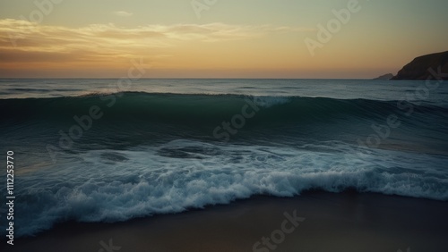A serene sunset over a tranquil ocean wave, capturing the beauty of nature. The calm waters reflect the warm hues of the sunset, creating a peaceful atmosphere