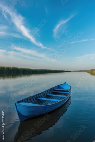 Serene Monochromatic Blue Boat on Calm Volga River Waters