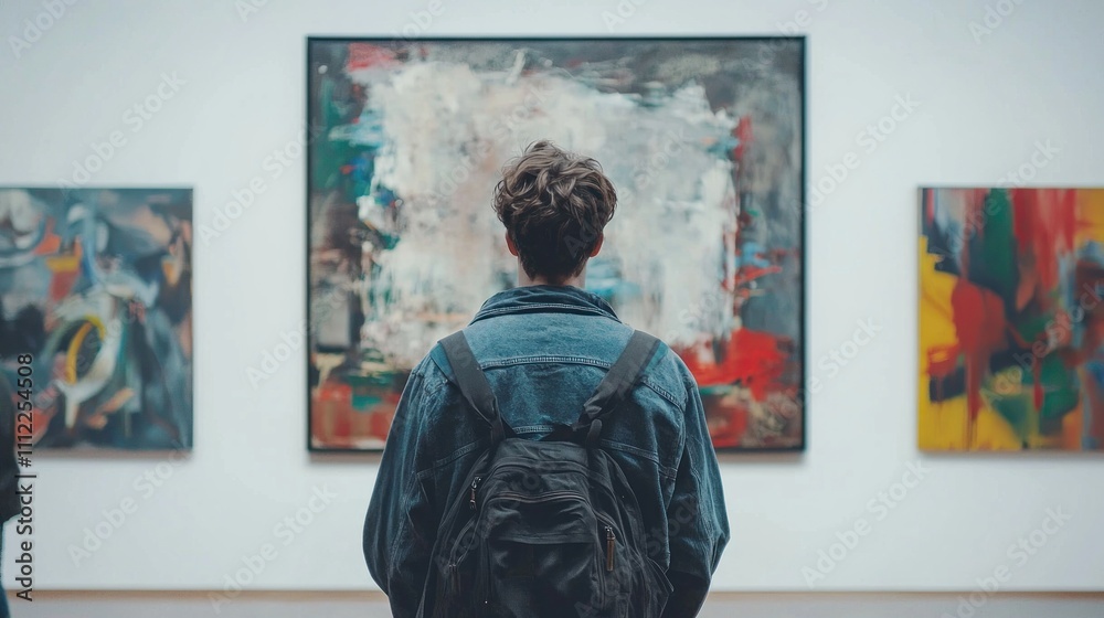 A person admiring a piece of artwork in a modern gallery or museum, capturing the appreciation and enjoyment of art A person admiring a piece of artwork in a modern gallery or museum, capturing the appreciation and enjoyment of art
