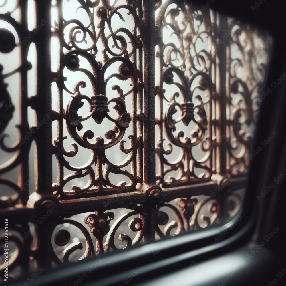 A section of a rusted metal gate with intricate designs seen thr A section of a rusted metal gate with intricate designs seen thr