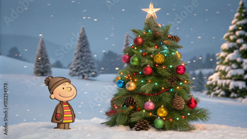 Festive winter scene with decorated Christmas tree and life-size cutout of Charlie Brown standing in the snow.Christmas card with the spirit of the holiday season