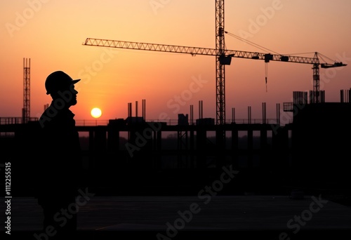 Silhouette of Engineer and worker on building site, construction site