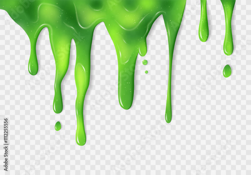 Dripping glossy neon green slime with glitter. Transparent texture with mucus and droplets. Isolated abstract element for creepy backgrounds, Halloween, alien concept. Vector illustration.