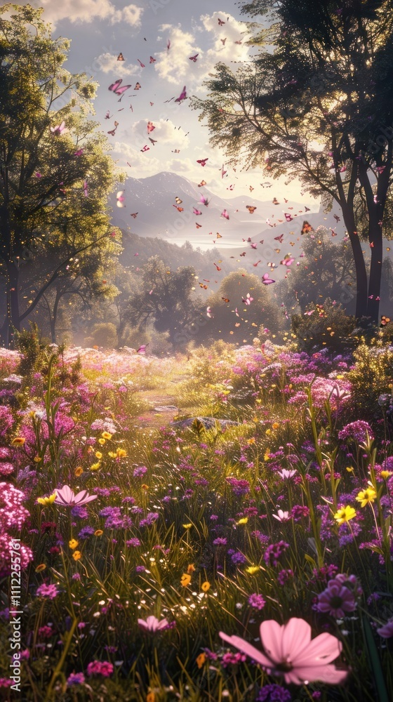 Obraz premium Enchanting floral meadow with vibrant blooming flowers set against a backdrop of a mystical forest landscape bathed in the warm glow of a serene sunset
