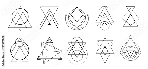Minimalistic black triangle symbol with mystical lines and sacred shapes, inspired by ancient alchemy and spiritual practices. Perfect for ritualistic and meditative art.