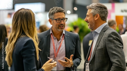 Professional colleagues engaging in a discussion at a business expo event