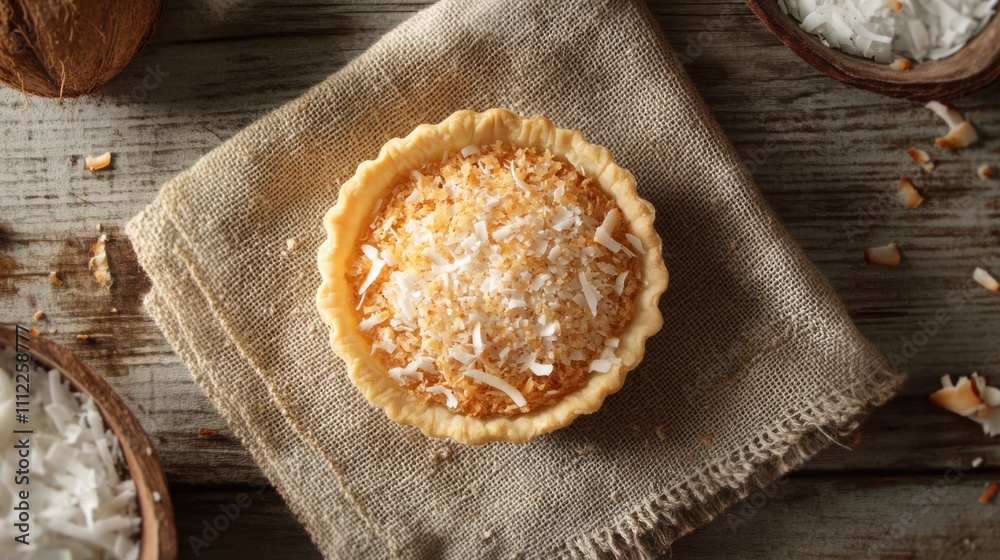Delicious Coconut Tart with Golden Brown Crust Set on Rustic Wooden Table Surrounded by Shredded Coconut for Tempting Dessert Presentation and Food Styling Delicious Coconut Tart with Golden Brown Crust Set on Rustic Wooden Table Surrounded by Shredded Coconut for Tempting Dessert Presentation and Food Styling