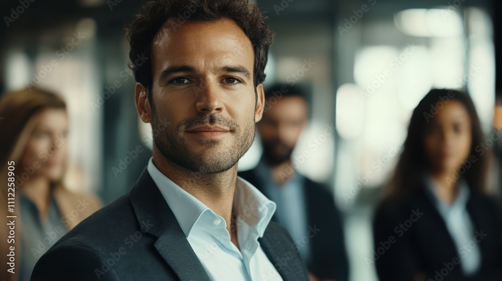 Portrait of successful business man, entrepreneur while multiethnic colleagues working background. Portrait of successful business man, entrepreneur while multiethnic colleagues working background.