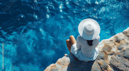 Minimalist aerial view of a woman wearing a white hat, sitting on the edge of a swimming pool, next to blue water, on a summer day. The blue sea is in the background. Bright sunlig photo