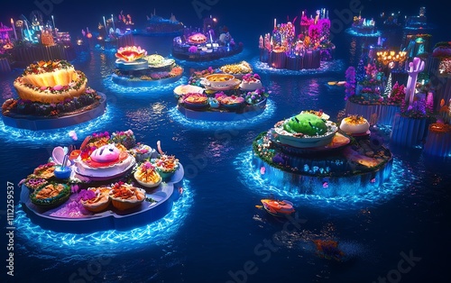 Vibrant underwater scene with floating islands laden with colorful, delicious-looking food.  A whimsical, fantasy feast. photo