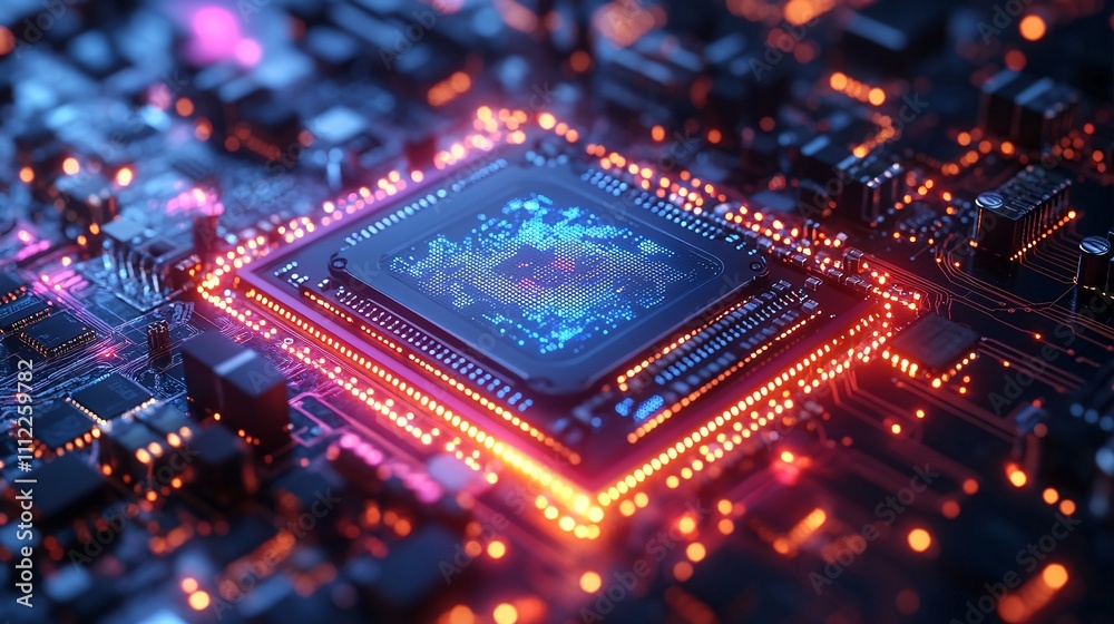 Futuristic microchip processor with lights on the blue background. Quantum computer large data processing database concept. CPU isometric banner. Central Computer Processors CPU concept Digital chip Futuristic microchip processor with lights on the blue background. Quantum computer large data processing database concept. CPU isometric banner. Central Computer Processors CPU concept Digital chip