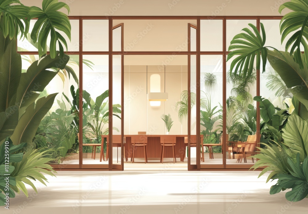 Bright and Inviting Indoor Space with Large Glass Doors Surrounded by Lush Green Plants and Modern Furniture, Ideal for Creative Collaboration and Relaxation Bright and Inviting Indoor Space with Large Glass Doors Surrounded by Lush Green Plants and Modern Furniture, Ideal for Creative Collaboration and Relaxation