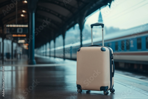 An elegant, hard-shell suitcase with the handle up stands on an empty train station platform. In the background, a blurred city and a high-speed express train rolling by. The suitc photo