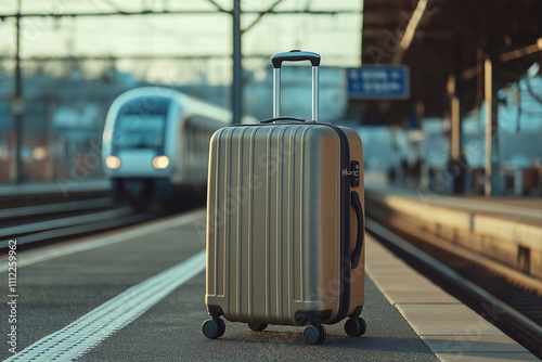 An elegant, hard-shell suitcase with the handle up stands on an empty train station platform. In the background, a blurred city and a high-speed express train rolling by. The suitc photo