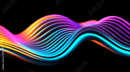 Colorful gradient wavy lines on a black background, an abstract fluid shape design for a banner or poster. 