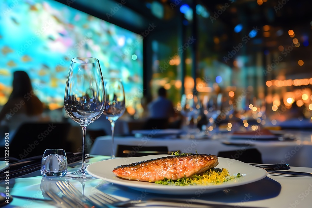 Grilled salmon dinner at upscale restaurant with large aquarium background. Elegant dining experience, fine dining, seafood. Grilled salmon dinner at upscale restaurant with large aquarium background. Elegant dining experience, fine dining, seafood.