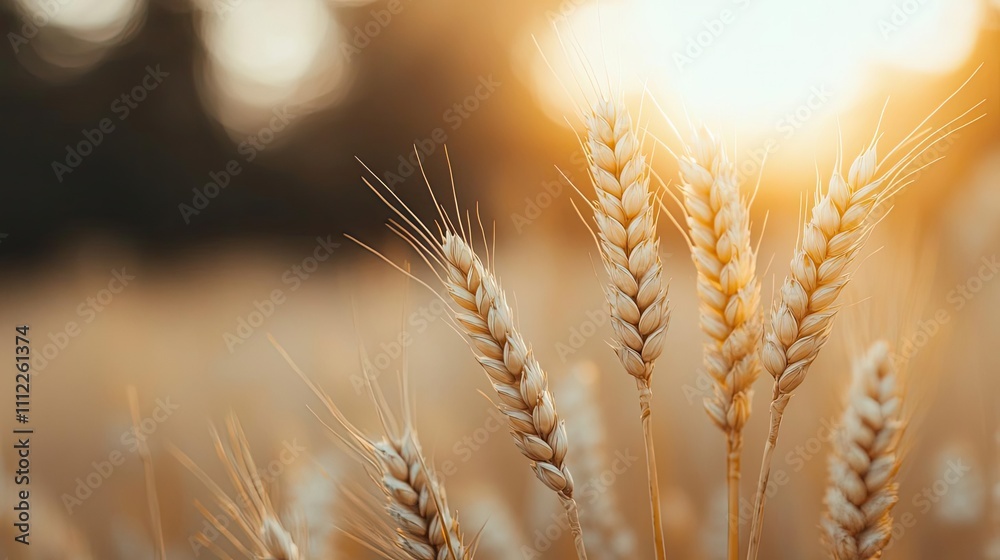 Close-up of golden wheat stalks illuminated by soft sunlight. Close-up of golden wheat stalks illuminated by soft sunlight.