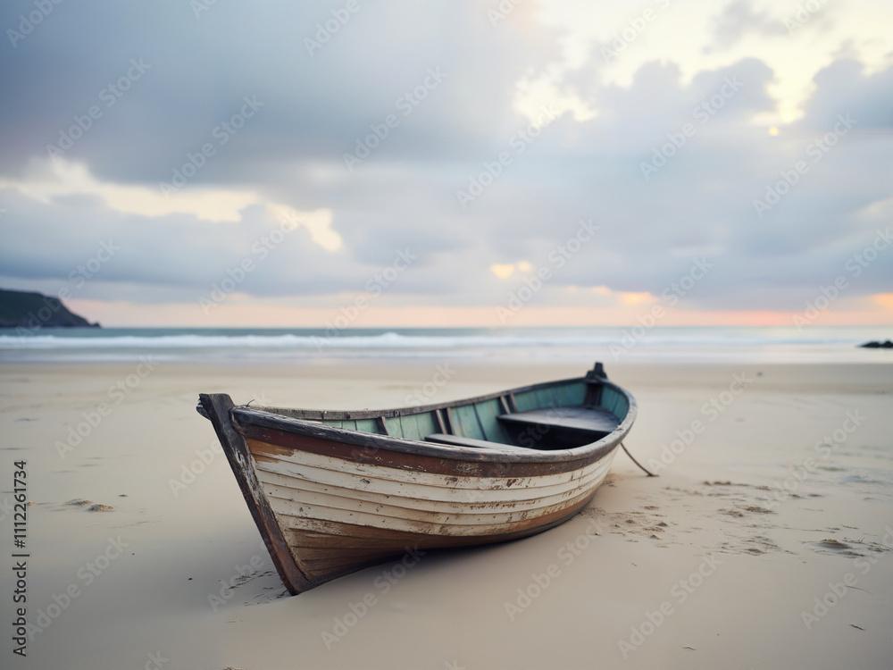 Generated realistic illustration of a lone abandoned wooden boat stranded on the beach in sunrise. Generated realistic illustration of a lone abandoned wooden boat stranded on the beach in sunrise.