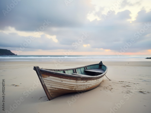 Generated realistic illustration of a lone abandoned wooden boat stranded on the beach in sunrise.