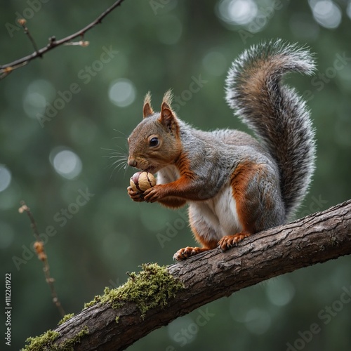 A playful squirrel holding a nut on a branch with a blurred forest background.

