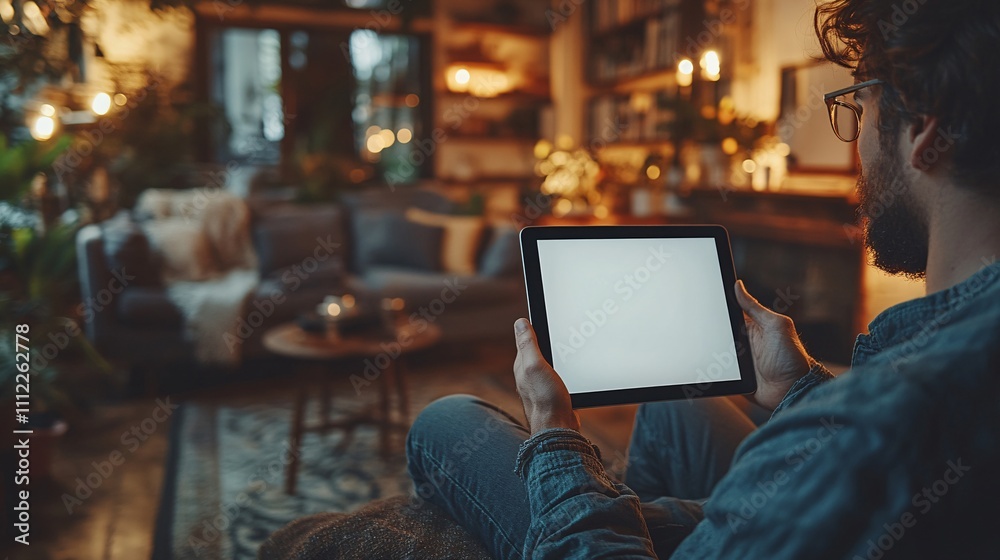 Close-up view of young male freelancer working on his project with blank screen tablet in comfortable home office Close-up view of young male freelancer working on his project with blank screen tablet in comfortable home office