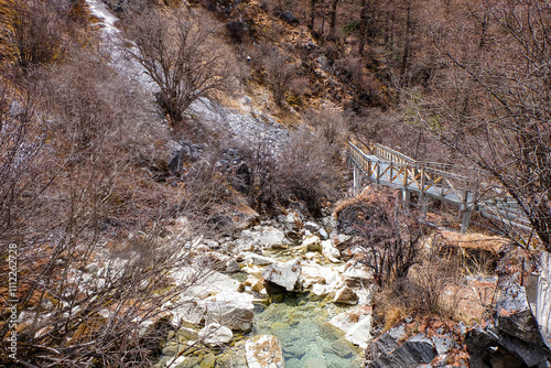 View of Tibetan sacred, holy snow mountains and hiking trail in one of the most idyllic national parks in China, Yading Nature Reserve, Sichuan Province  photo