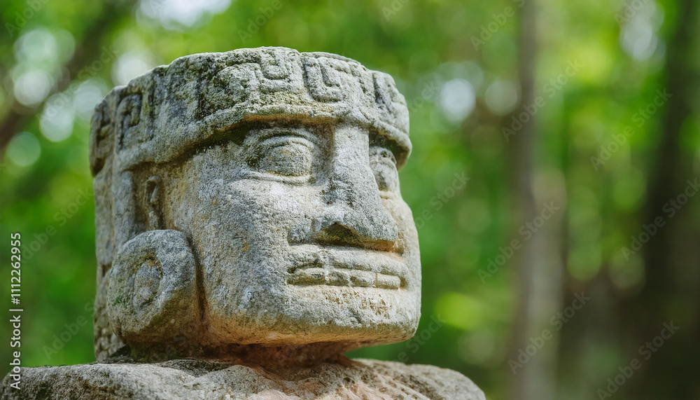 Olmec head. Stone sculpture. Ancient Mayan statue in jungle. Blurred natural green backdrop. Olmec head. Stone sculpture. Ancient Mayan statue in jungle. Blurred natural green backdrop.