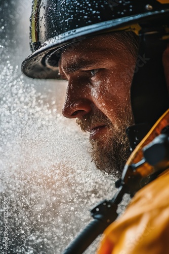 Firefighter Extinguishing Flames with Water Hose in Action Scene