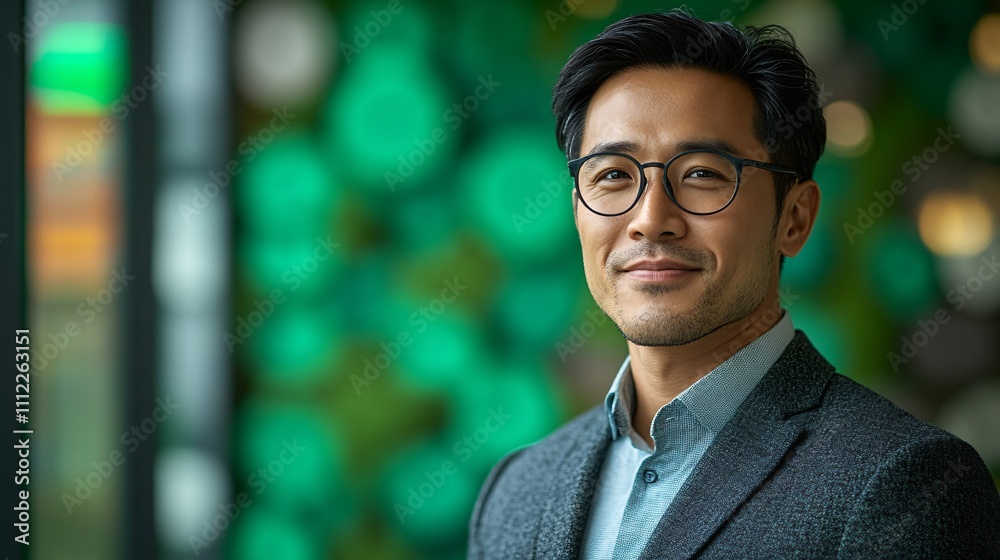 Smiling and handsome millennial Asian businessman in a formal business suit and glasses, looking aside at the empty space, holding a tablet, stands against a green studio background Smiling and handsome millennial Asian businessman in a formal business suit and glasses, looking aside at the empty space, holding a tablet, stands against a green studio background