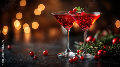 Refreshing cocktails decorated with berries and mint served at a festive gathering during the winter holiday season. Generative AI