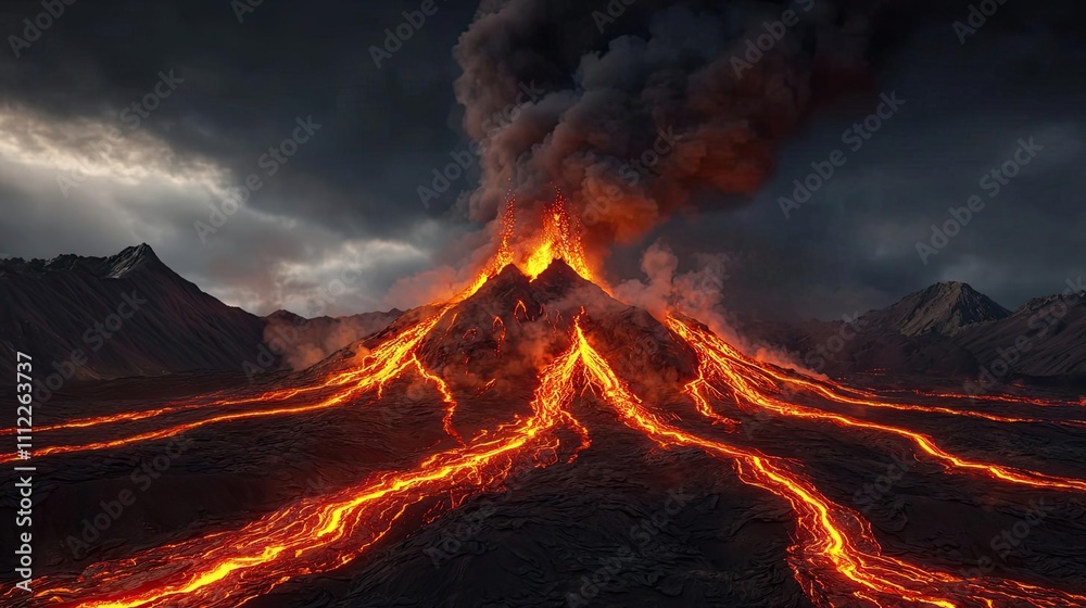 Erupting volcano with flowing lava against a dramatic, cloudy sky. Erupting volcano with flowing lava against a dramatic, cloudy sky.