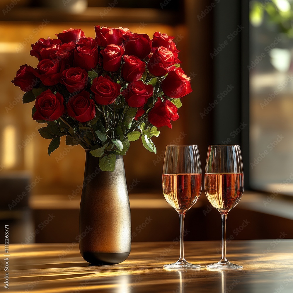 A beautiful bouquet of roses on the table with two glasses of wine. A romantic composition subtly illuminated by daylight. A beautiful bouquet of roses on the table with two glasses of wine. A romantic composition subtly illuminated by daylight.