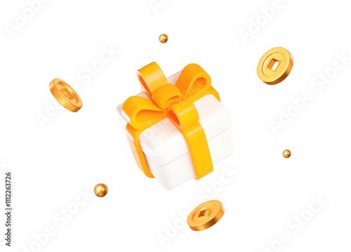3d white gift box with yellow ribbon and flying gold chinese coins and balls. Stock vector illustration on isolated background.
